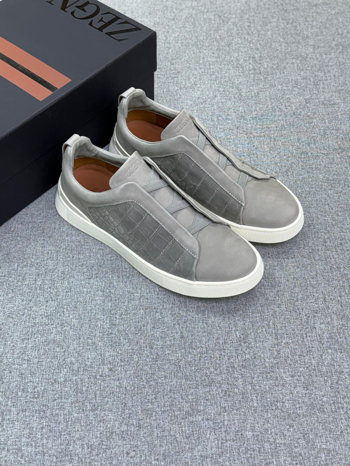 Zegna Grey Croc-Embossed Slip-On Sneakers