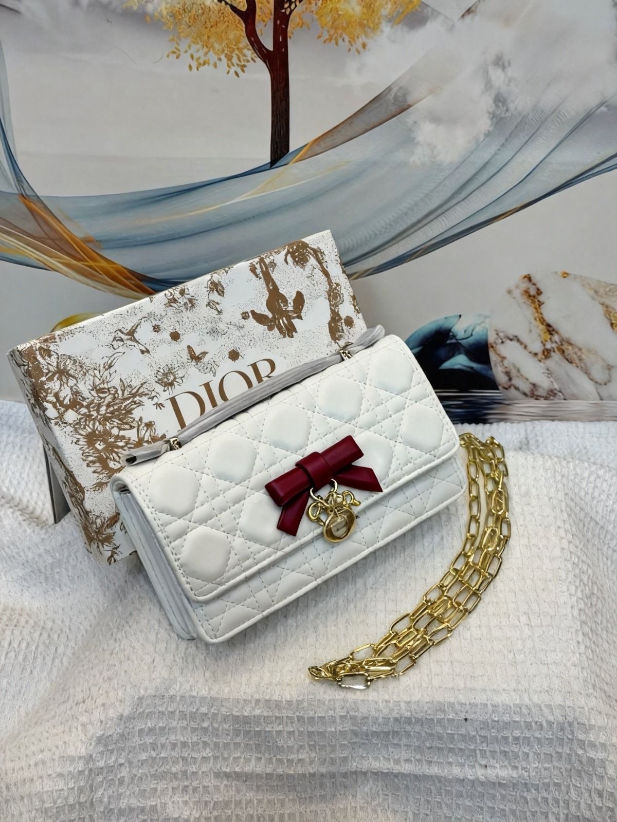 Christian Dior Rendez-Vous Chain Wallet (White with Burgundy Bow Accent)