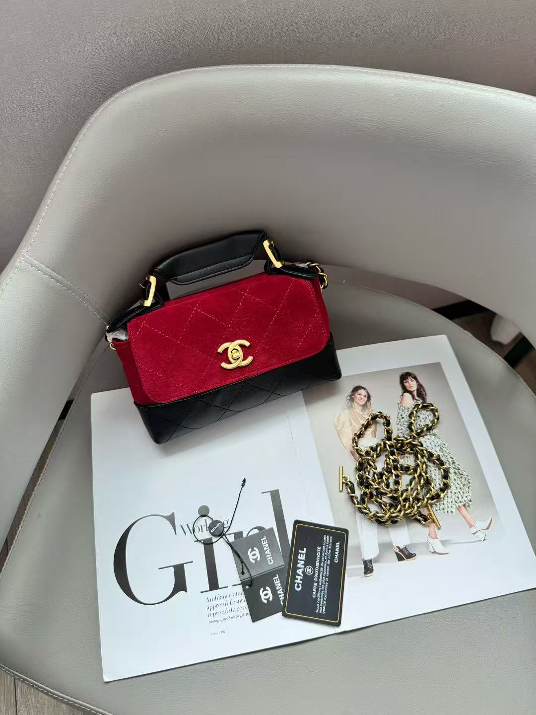 Chanel Trendy CC Top Handle Bag (Red Suede & Black Leather)