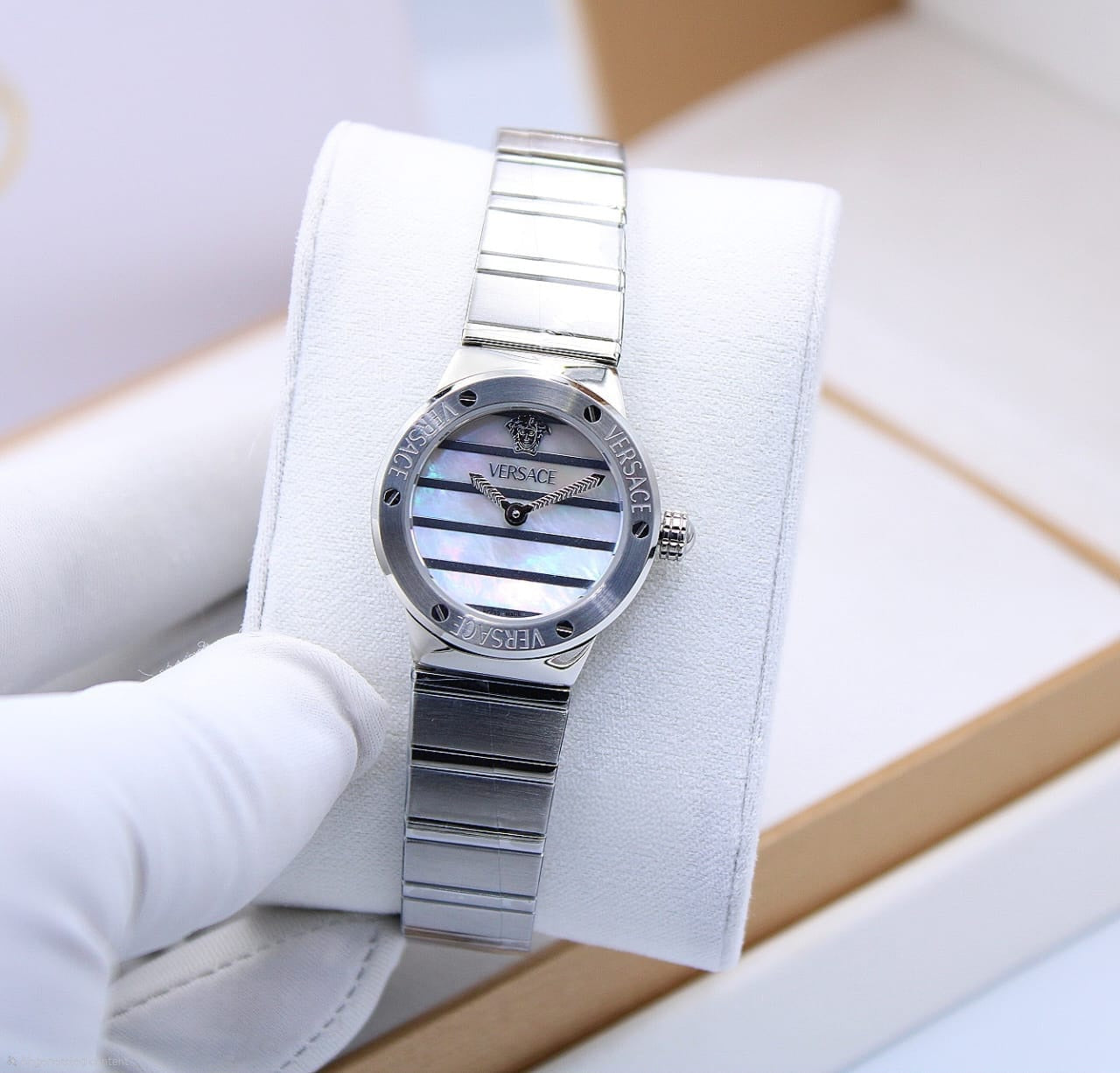 Versace V-Motif Vintage Logo Watch (Silver-Tone with Mother of Pearl Dial)