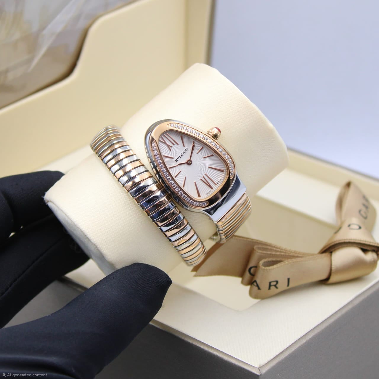 BVLGARI Serpenti Tubogas Watch (Two-Tone Silver/Rose Gold with Diamond Bezel and White Dial)