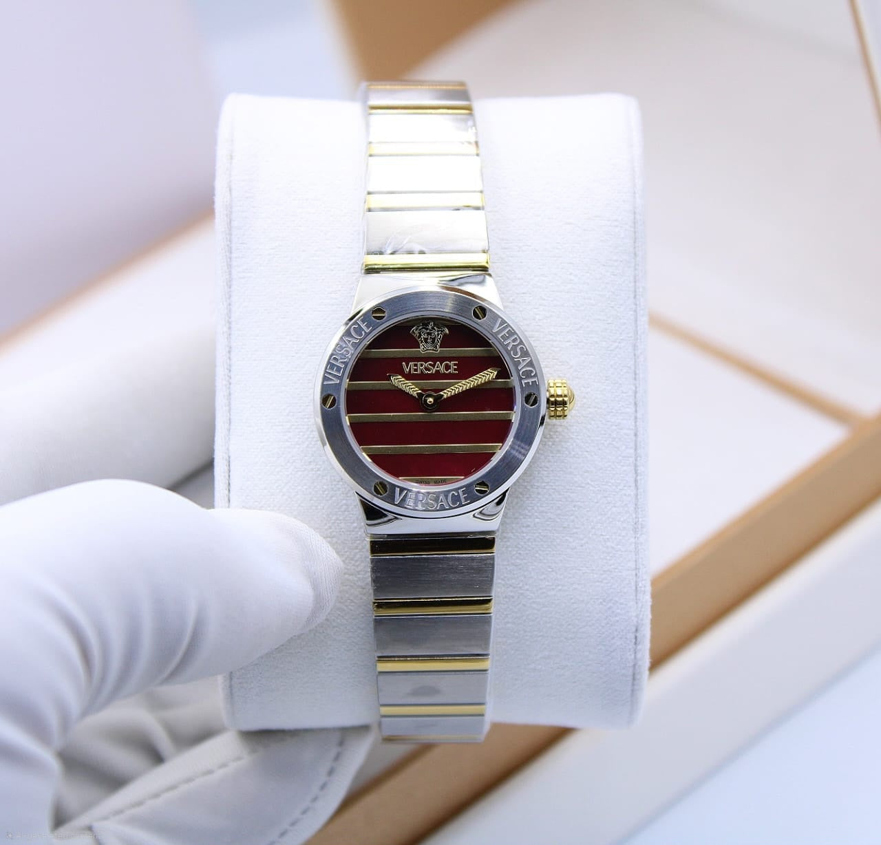 Versace V-Motif Vintage Logo Watch (Two-Tone Silver/Gold with Burgundy Dial)