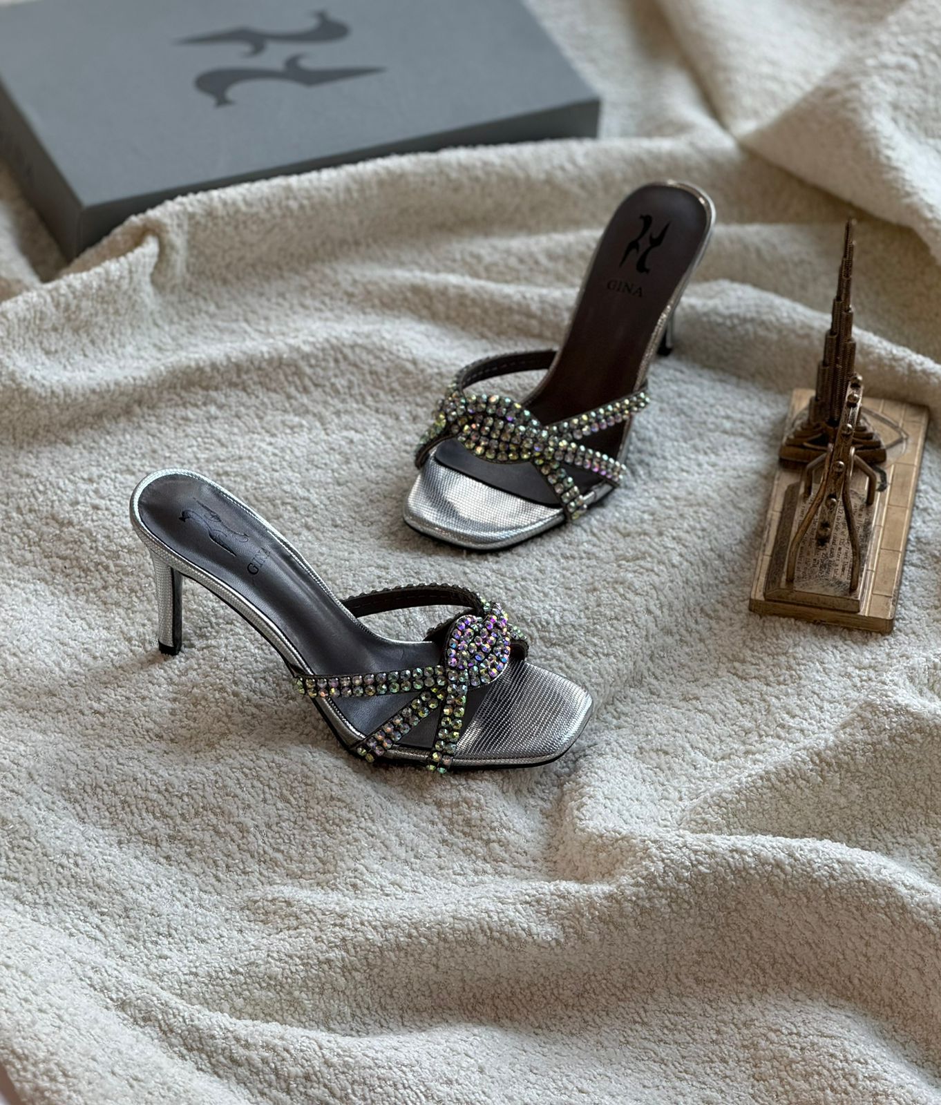GINA Crystal Embellished Heeled Mules (Silver / Metallic Grey)