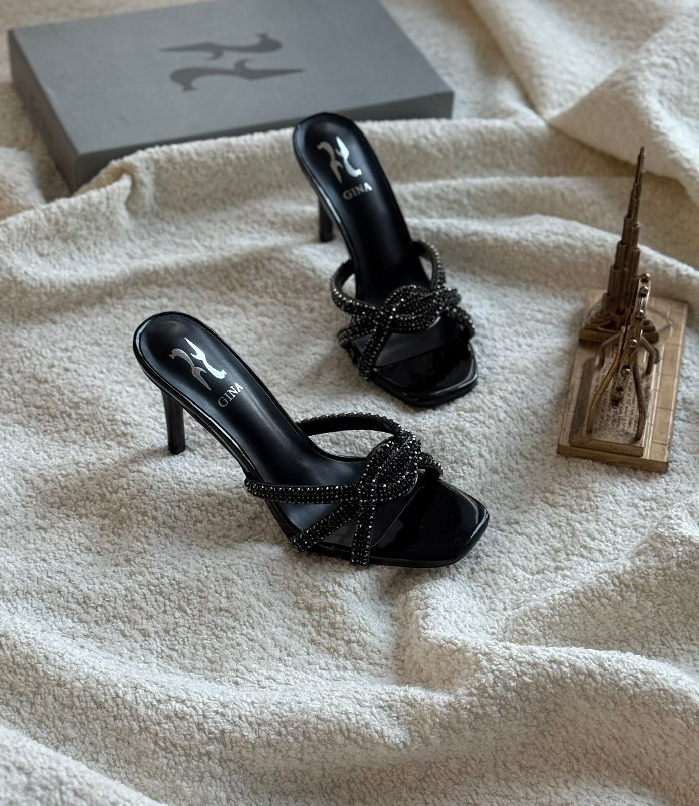 GINA Crystal Embellished Heeled Mules (Black)