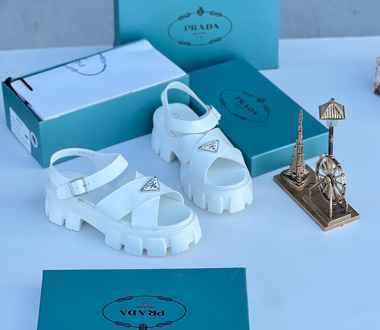 Prada Monolith Brushed Leather Sandals (White)