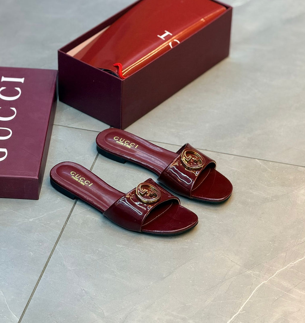 Gucci Blondie Slide Sandal (Burgundy / Rosso Ancora Patent Leather)