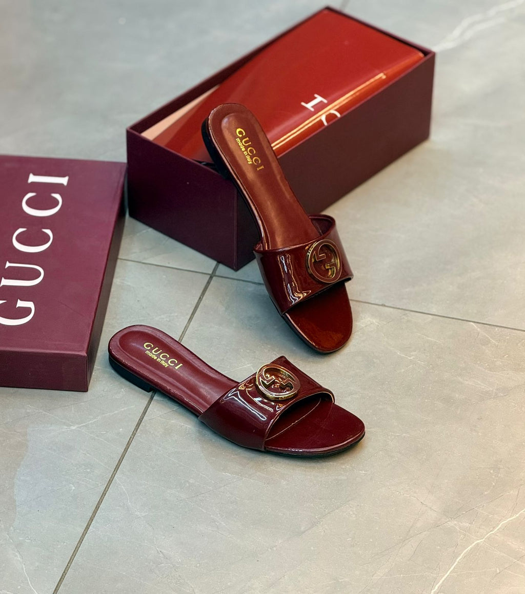 Gucci Blondie Slide Sandal (Burgundy / Rosso Ancora Patent Leather)