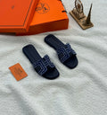Hermès Oran Sandal (Navy Blue Leather with Embroidered/Beaded H Cut-out)