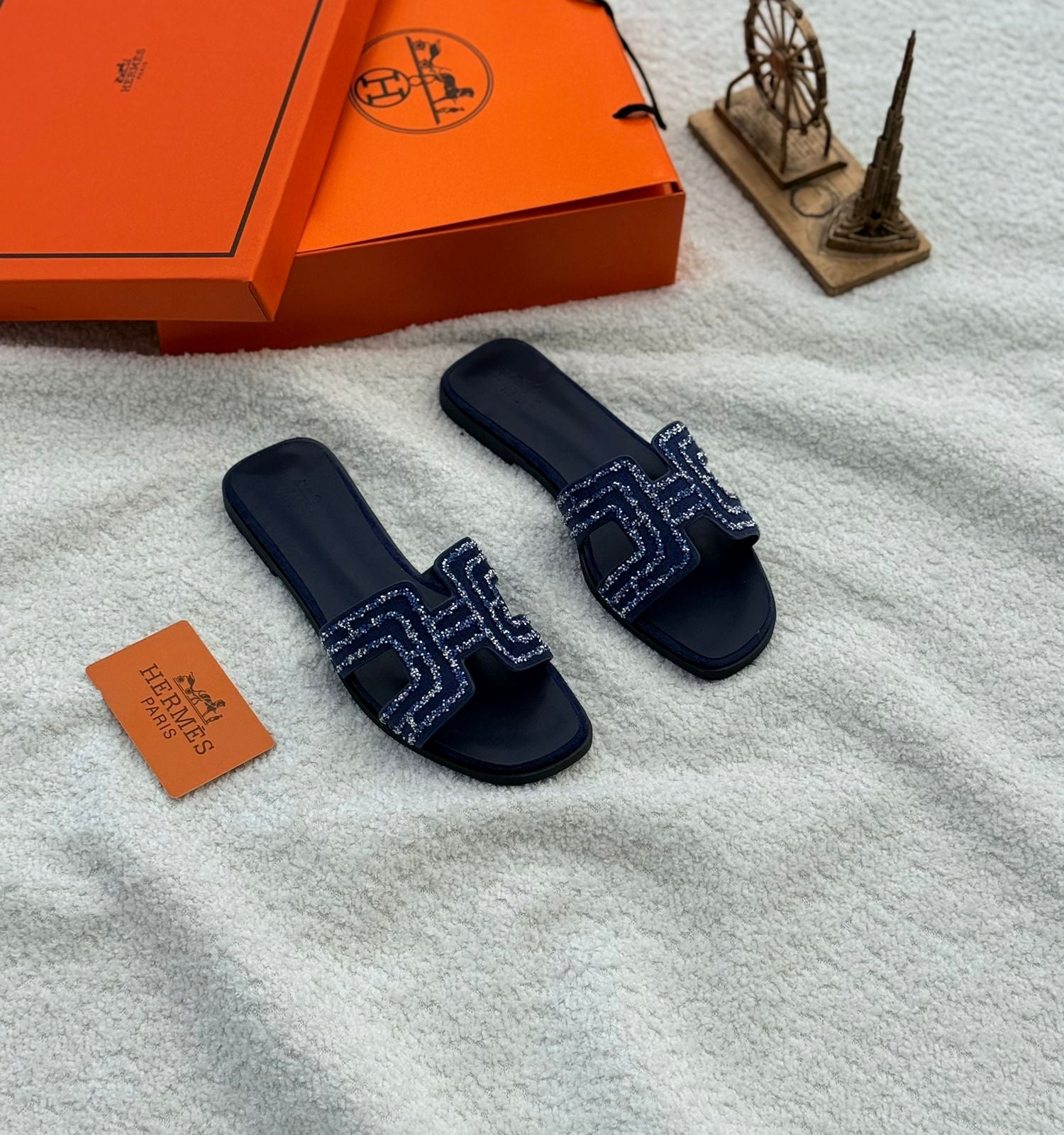 Hermès Oran Sandal (Navy Blue Leather with Embroidered/Beaded H Cut-out)