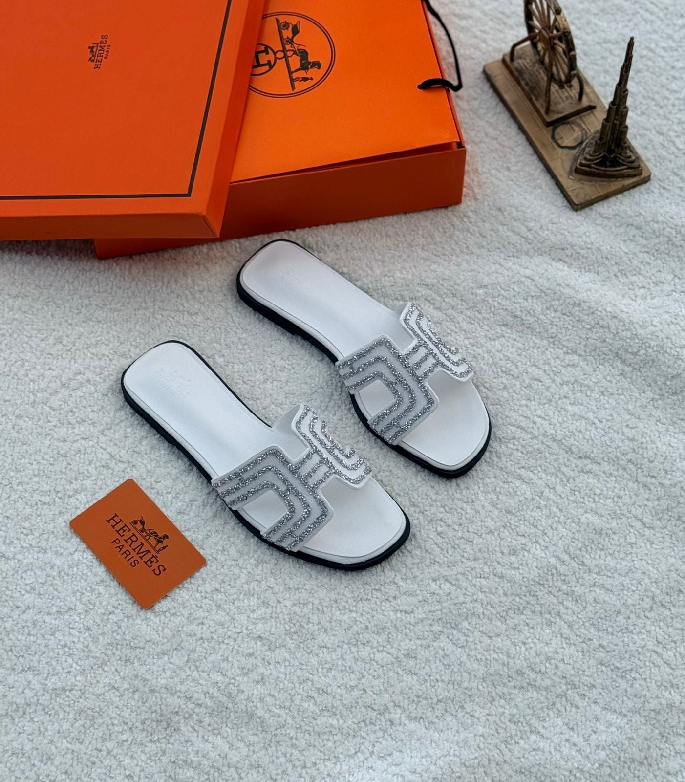 Hermès Oran Sandal (White Leather with Embroidered/Beaded H Cut-out)