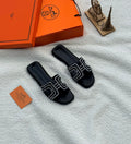 Hermès Oran Sandal (Black Leather with Embroidered/Beaded H Cut-out)