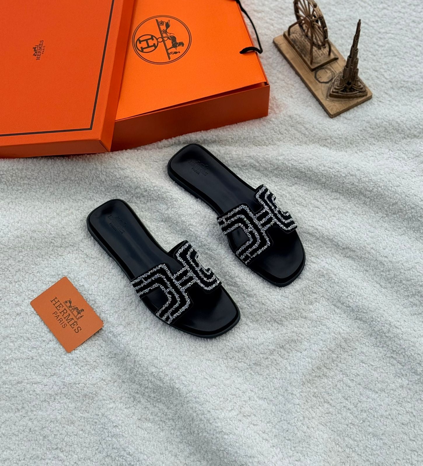 Hermès Oran Sandal (Black Leather with Embroidered/Beaded H Cut-out)