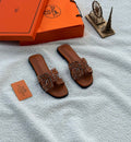 Hermès Oran Sandal (Gold / Tan Leather with Embroidered/Beaded H Cut-out)
