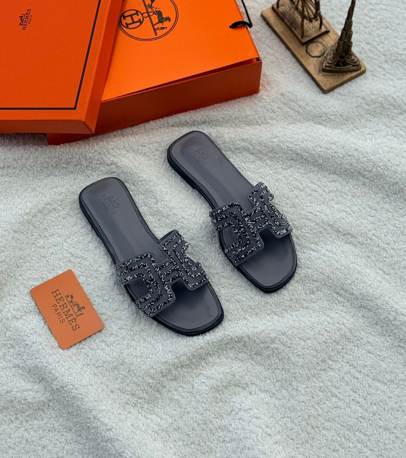 Hermès Oran Sandal (Grey / Crystal Embroidered)