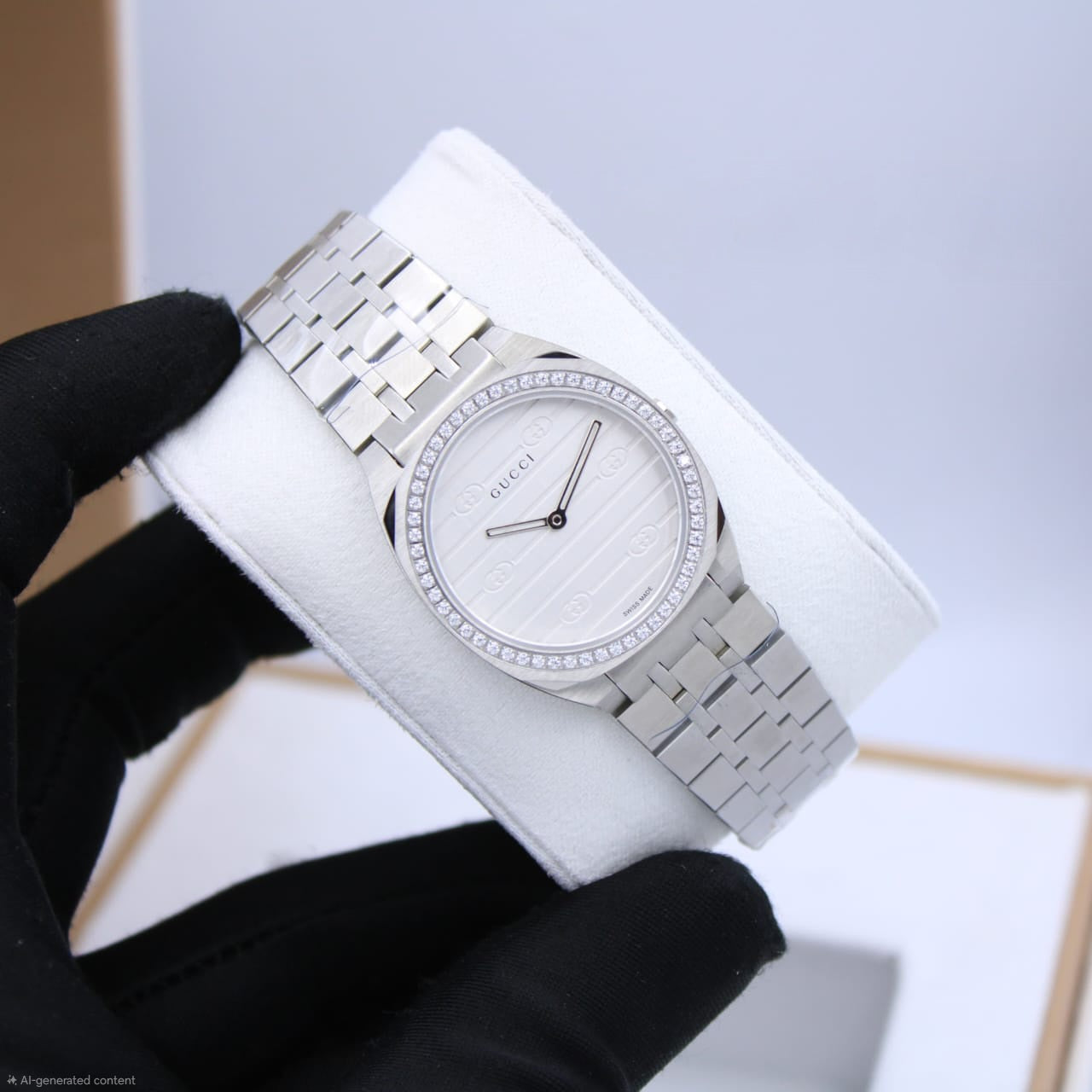 Gucci 25H White Diamond Watch (Stainless Steel / White Dial)