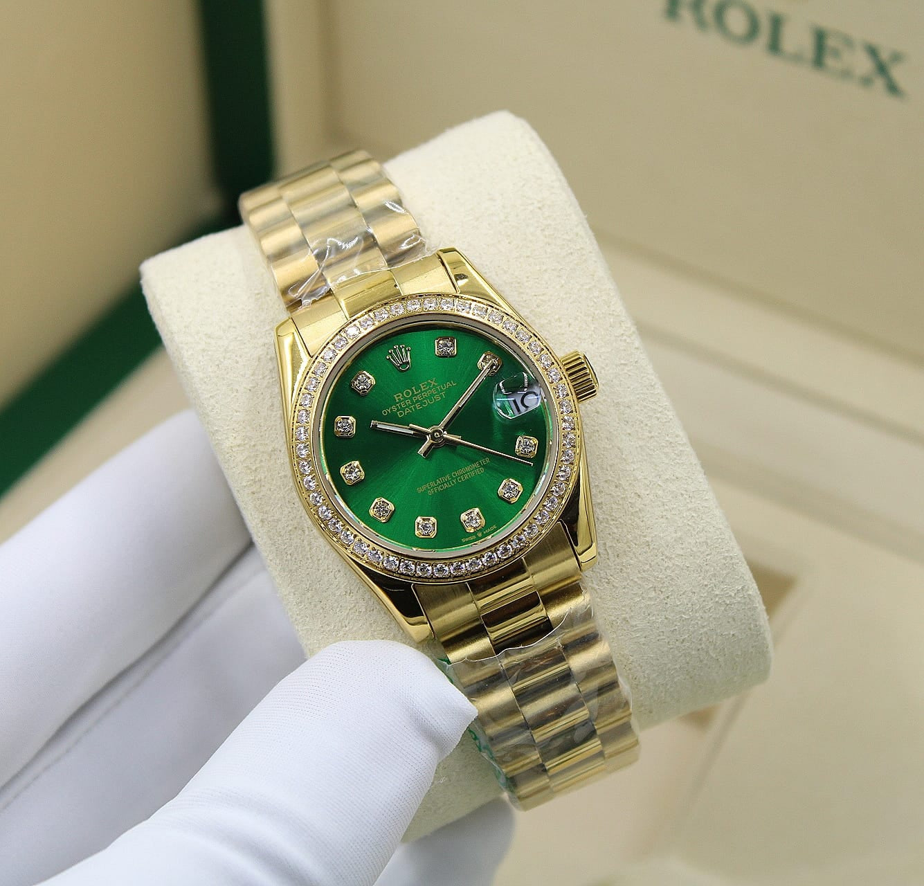 Rolex Oyster Perpetual Datejust Diamond Watch (18k Yellow Gold / Sunburst Vivid Green Dial)