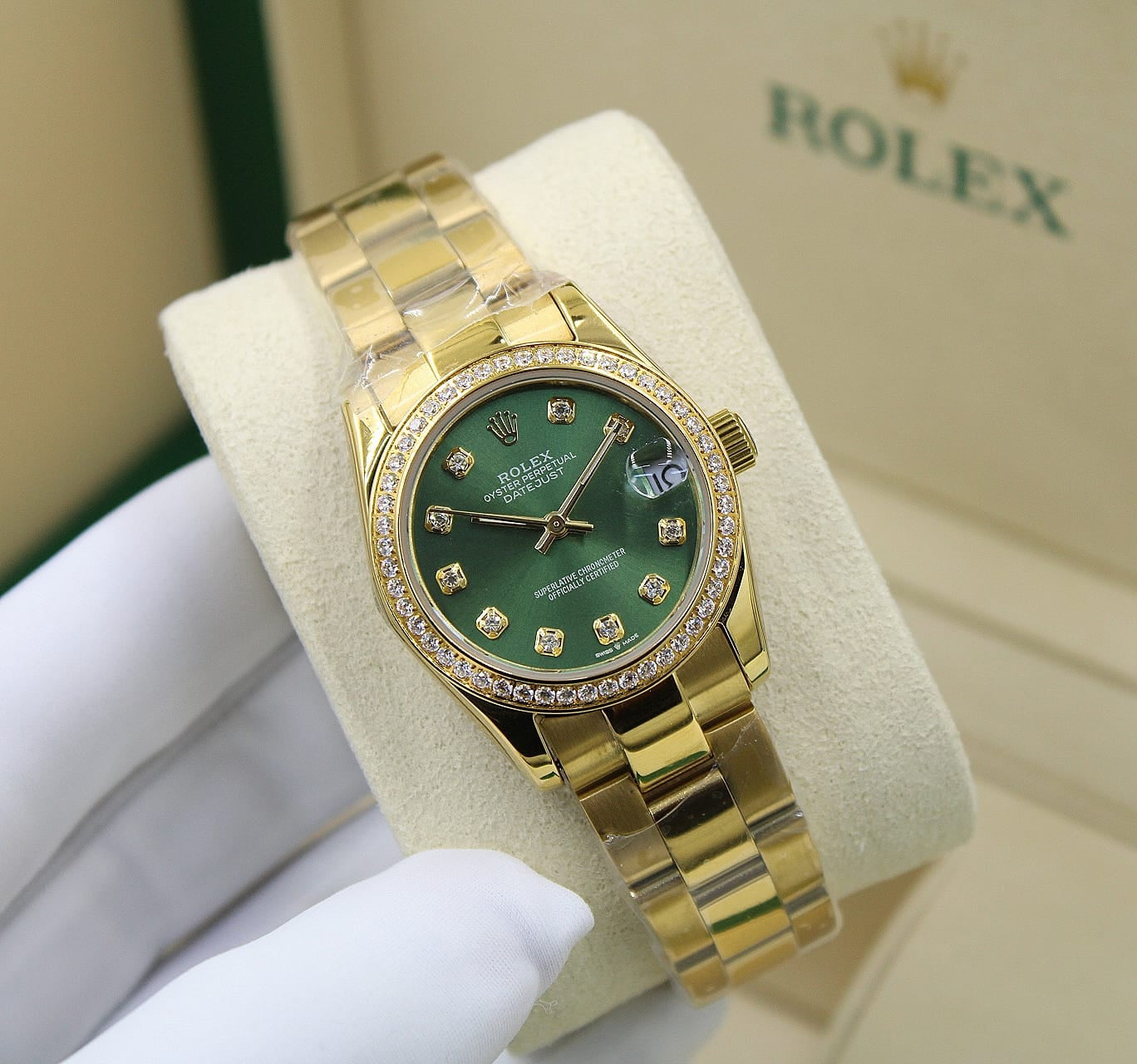 Rolex Oyster Perpetual Datejust Diamond Watch (18k Yellow Gold / Olive Green Dial)