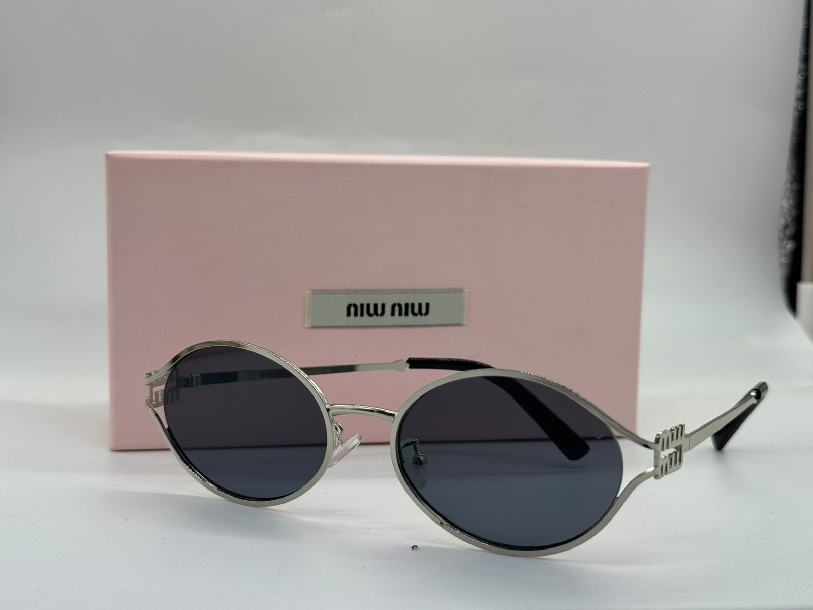 Miu Miu Logo Round Sunglasses (Silver / Dark Grey)