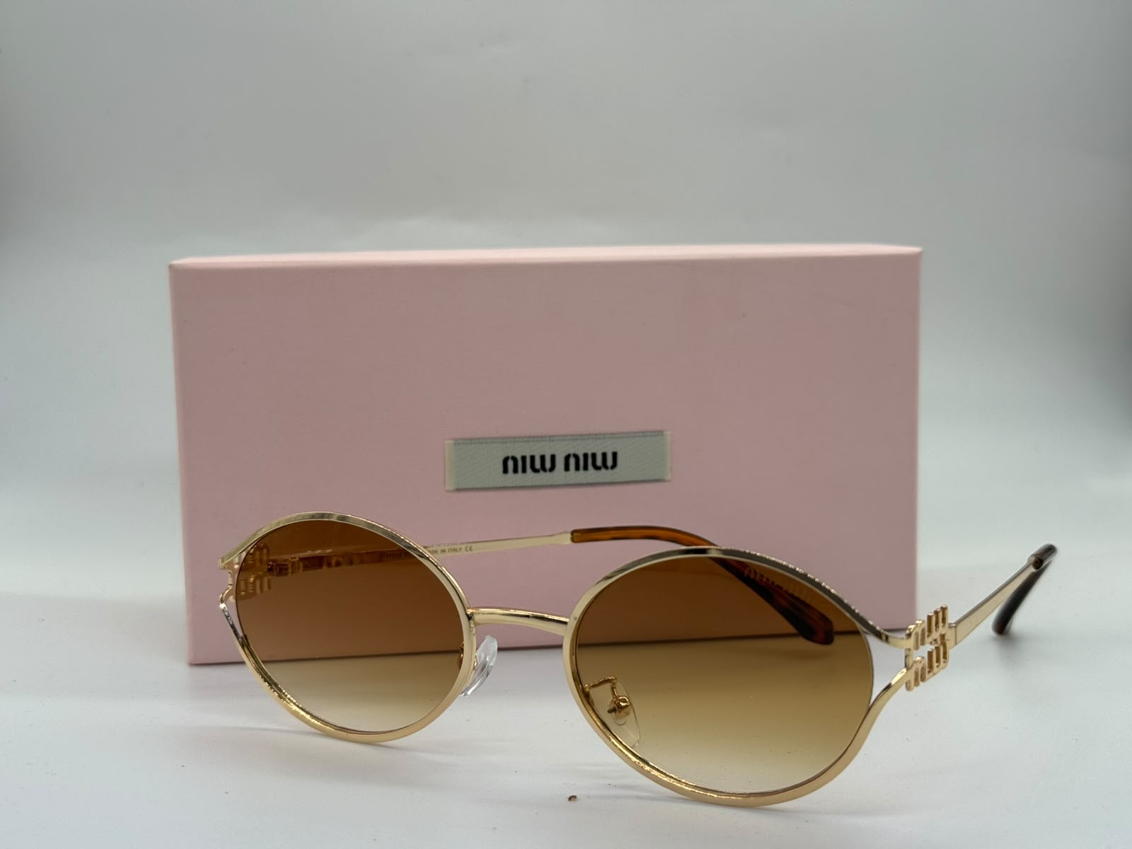 Miu Miu Logo Round Sunglasses (Pale Gold / Gradient Brown)