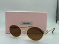 Miu Miu Logo Round Sunglasses (Pale Gold / Brown)