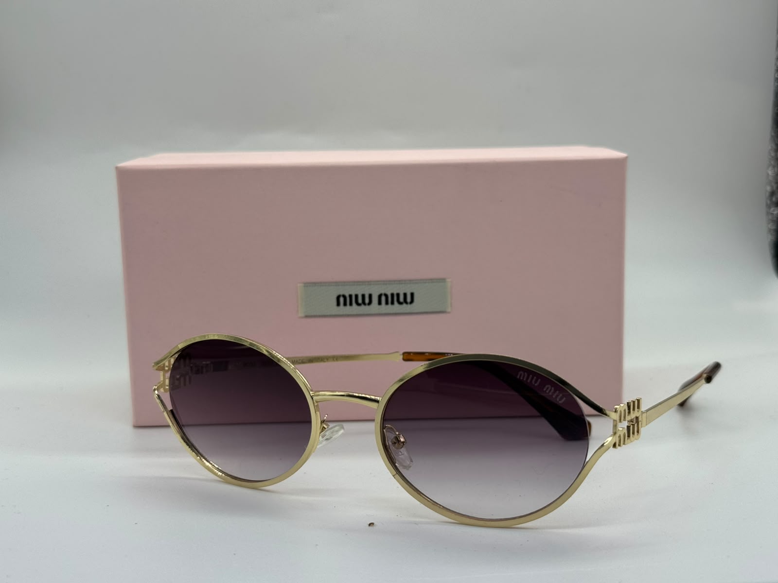 Miu Miu Logo Round Sunglasses (Pale Gold / Gradient Violet)