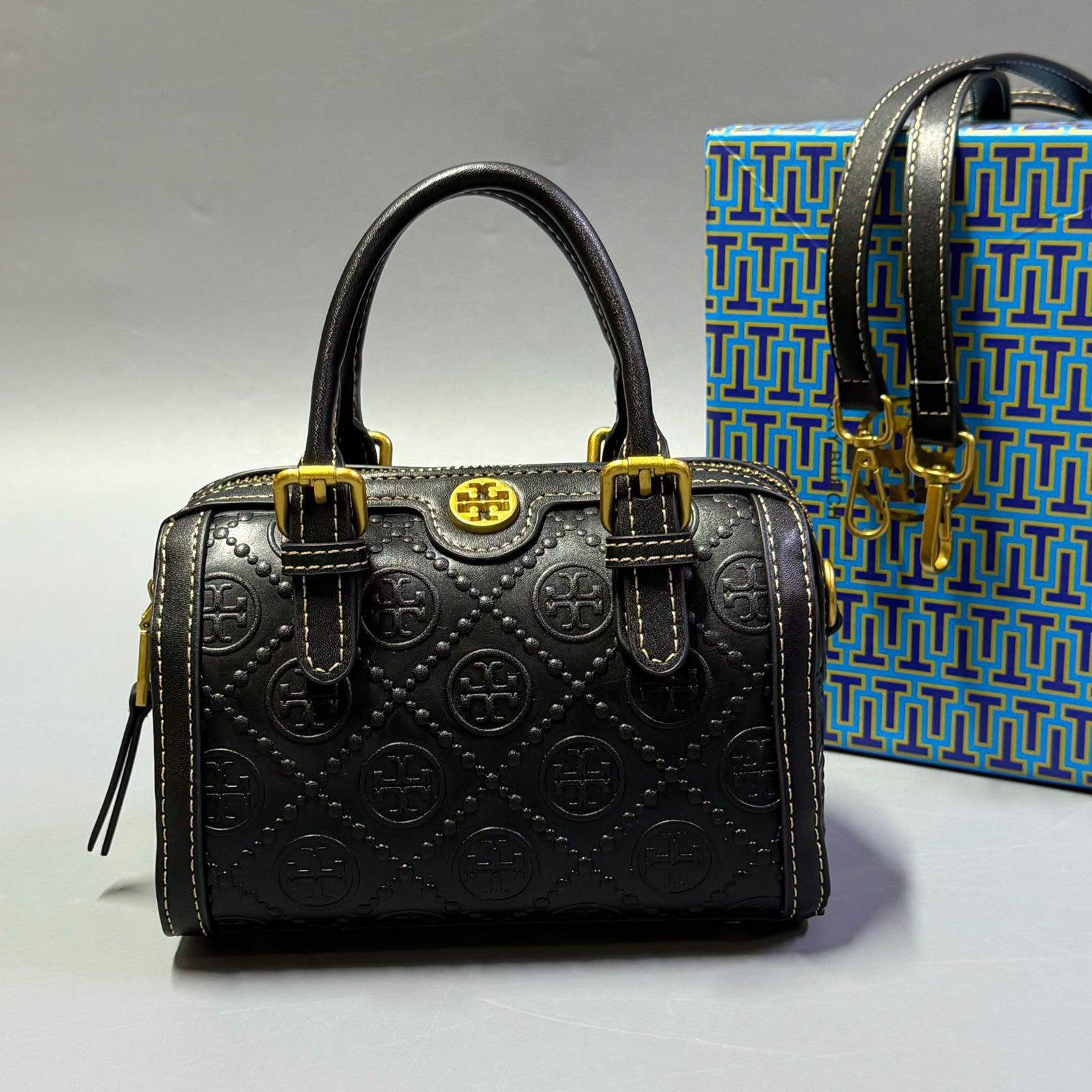 Tory Burch T Monogram Leather Mini Barrel Bag (Black)