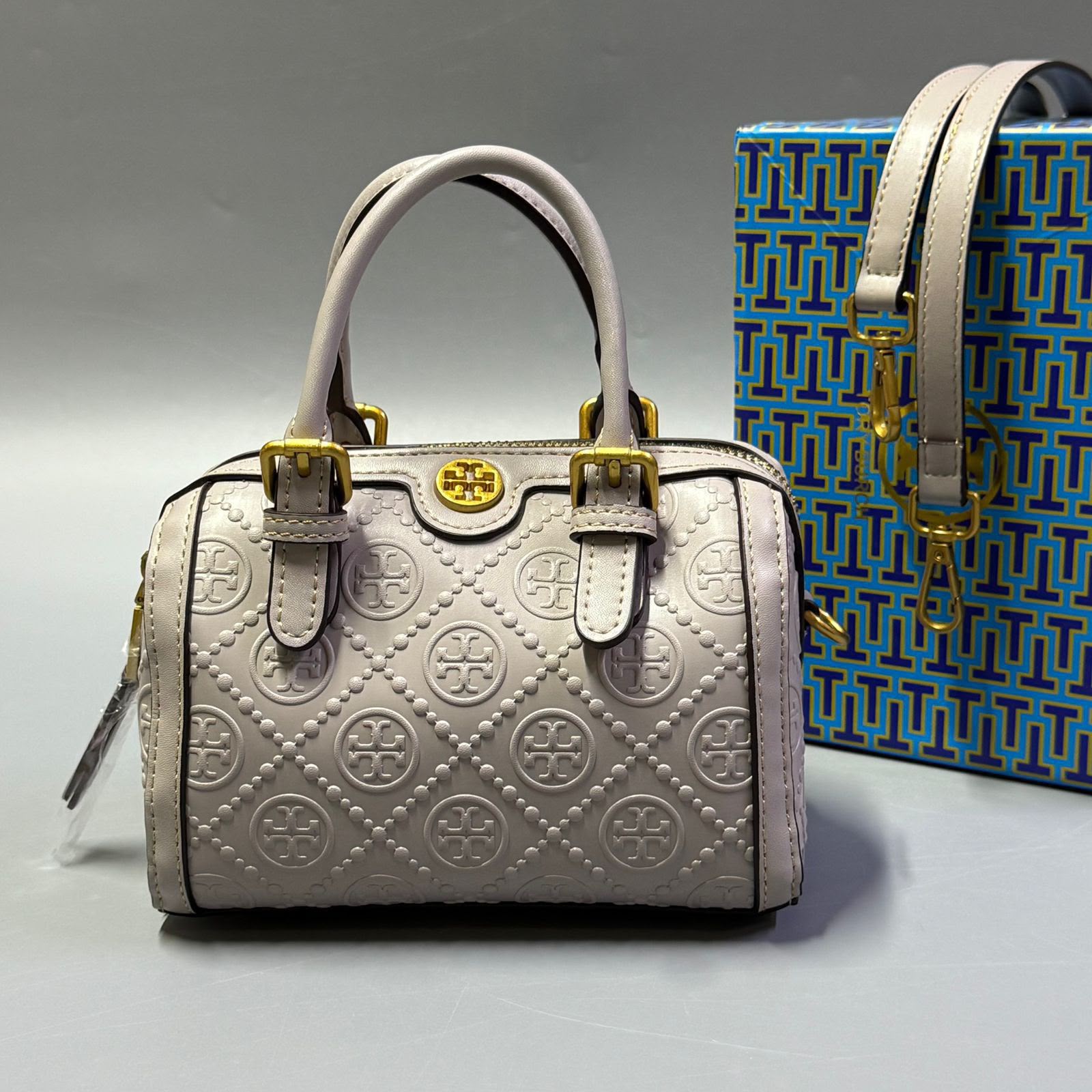 Tory Burch T Monogram Leather Mini Barrel Bag (Light Grey)
