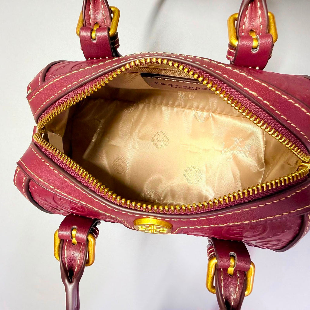Tory Burch T Monogram Leather Mini Barrel Bag (Plum / Burgundy)