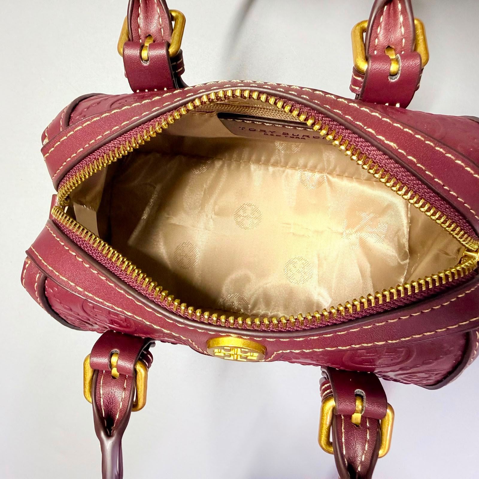 Tory Burch T Monogram Leather Mini Barrel Bag (Plum / Burgundy)