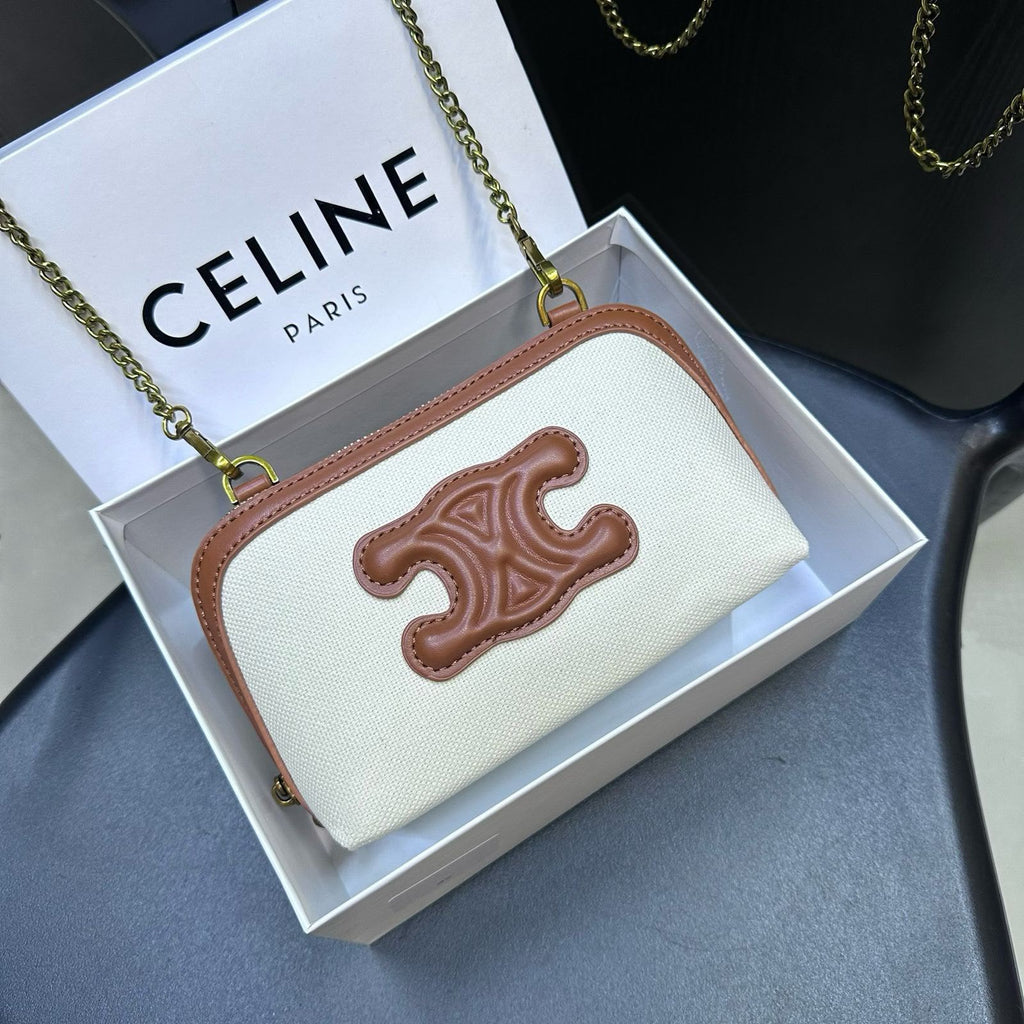 Celine Cuir Triomphe Chain Clutch (Textile and Calfskin Natural / Tan)