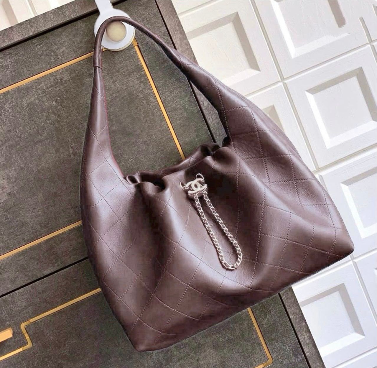 Chanel Maxi Hobo Bag (Dark Brown Leather / Silver Hardware)