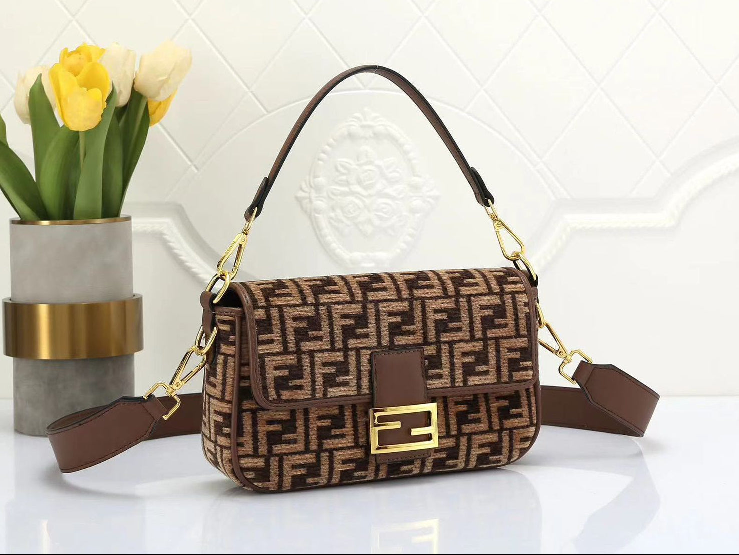 Fendi Baguette Medium FF Jacquard Bag (Brown / Tobacco)