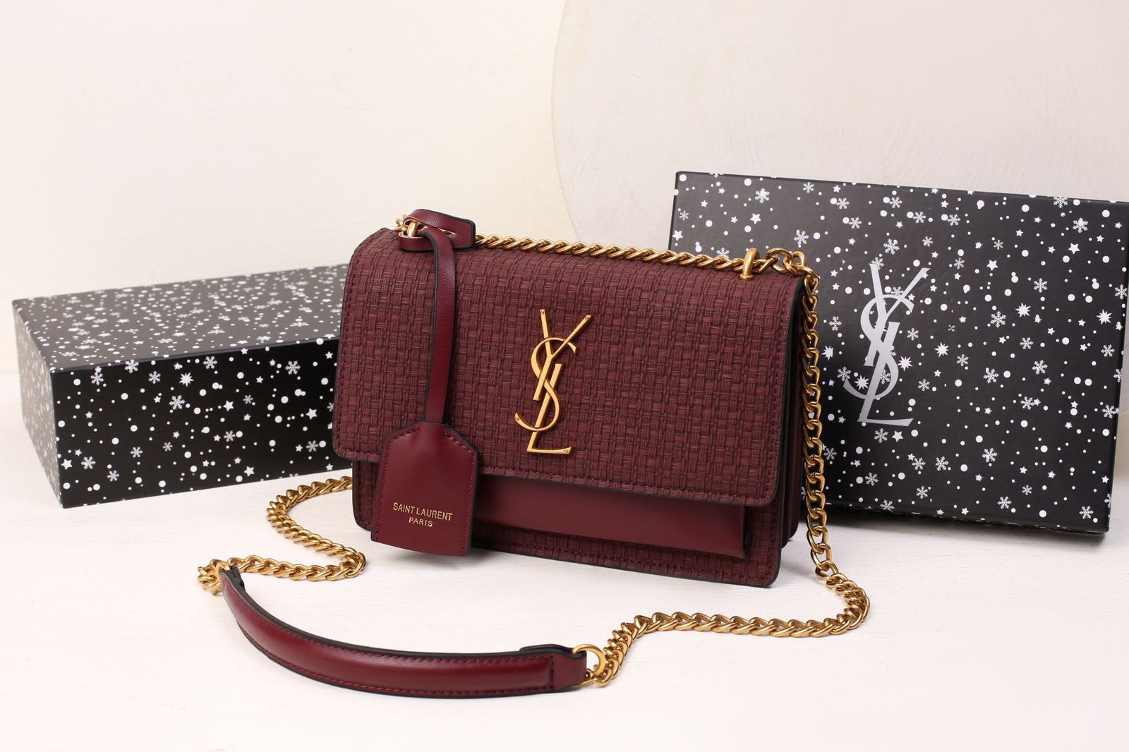 Saint Laurent Sunset Medium Chain Bag in Tweed and Smooth Leather (Burgundy / Bordeaux)