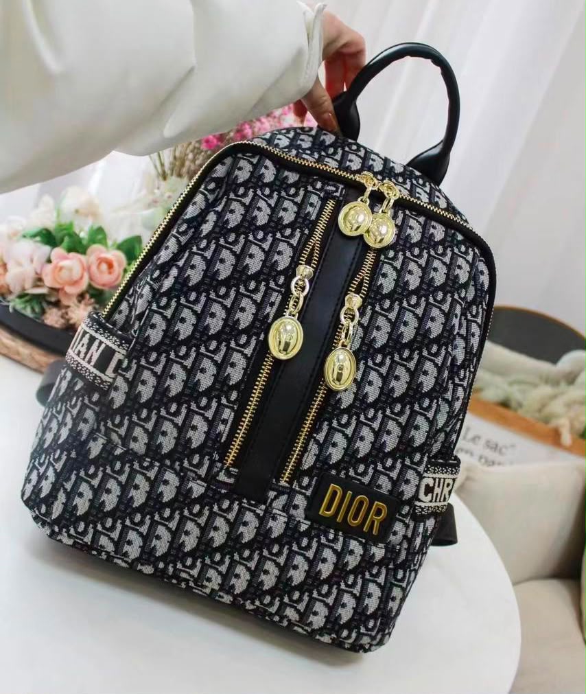 Dior Mini Monogram Vertical-Zip Backpack (Black/Grey with Yellow Detail)