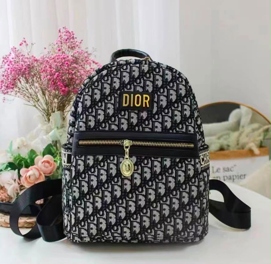 Dior Mini Monogram Top-Logo Backpack (Black/Grey with Yellow Detail)