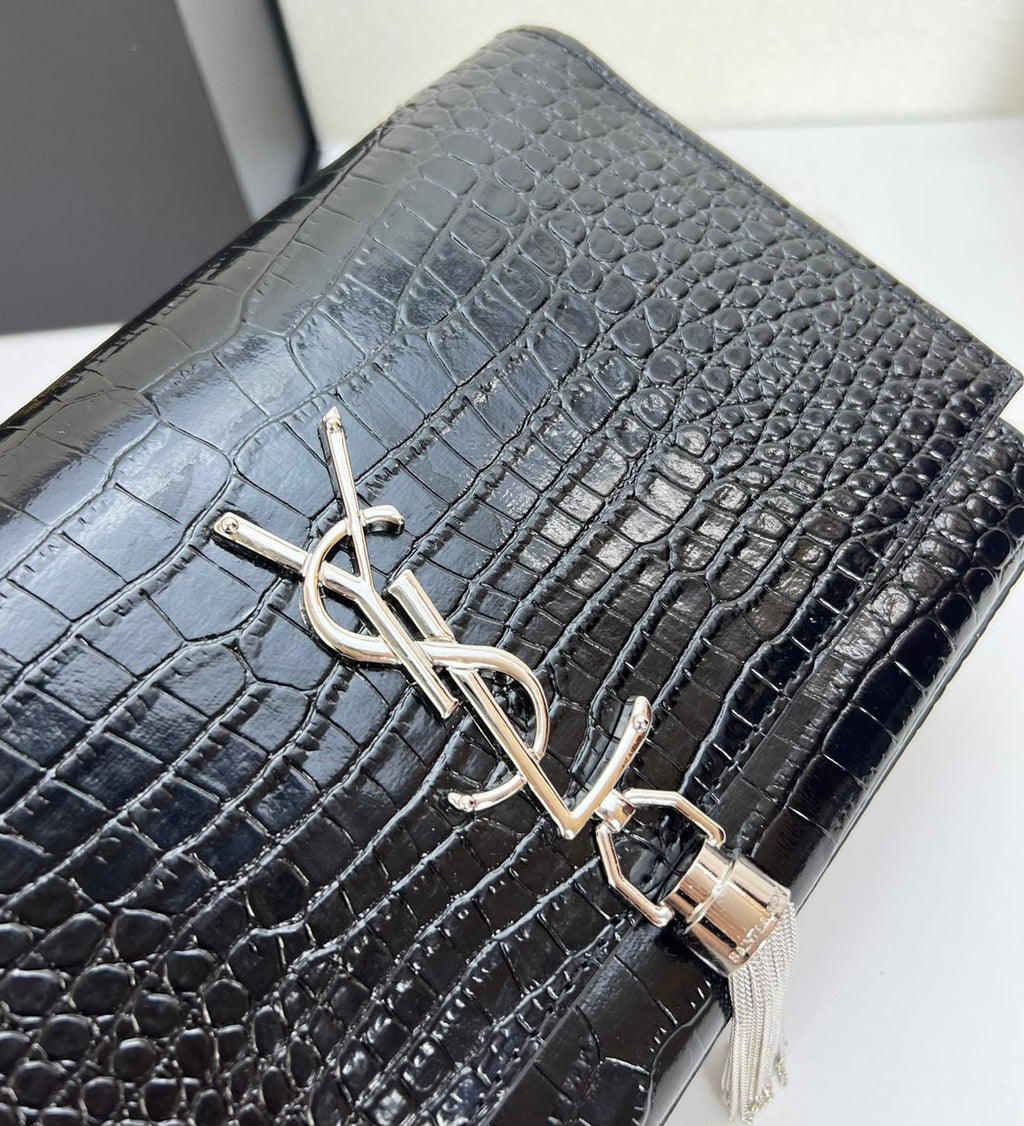 Saint Laurent Kate Tassel Shoulder Bag (Black Croc-Embossed Leather with Silver Hardware)