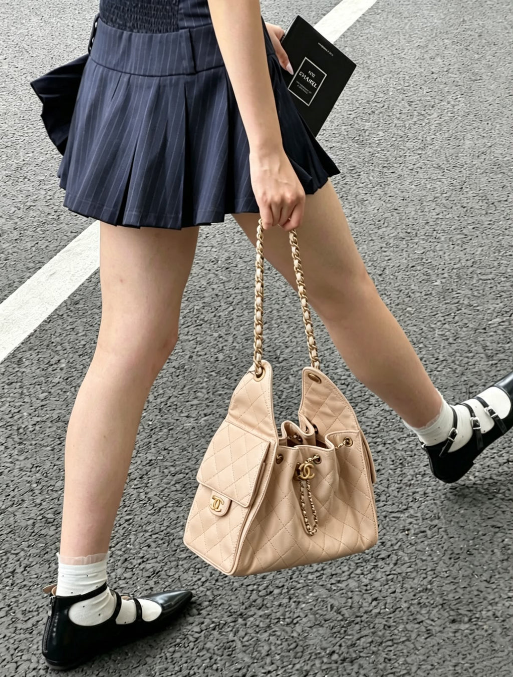 Chanel Small Quilted Drawstring Shopping Bag (Beige Caviar Calfskin)