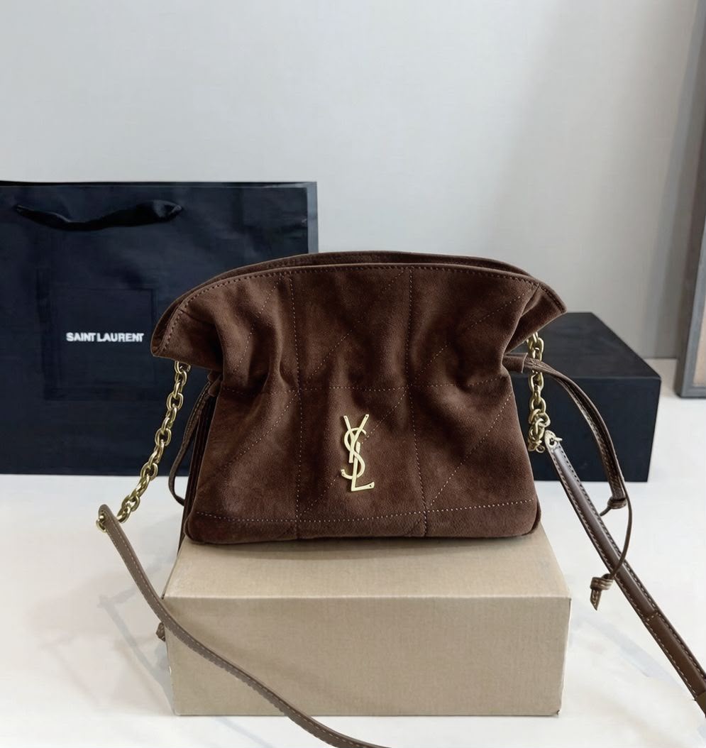 Saint Laurent Small Sade Puffer Shoulder Bag (Brown Suede)