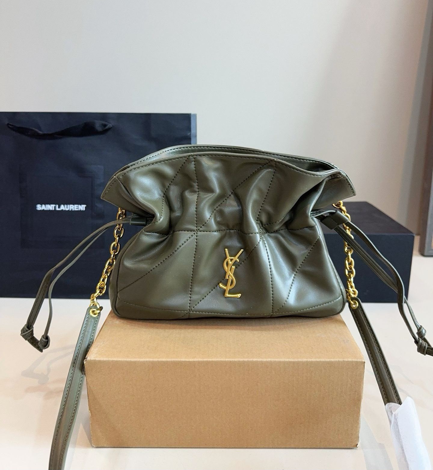 Saint Laurent Small Sade Puffer Shoulder Bag (Khaki / Olive Green Leather)