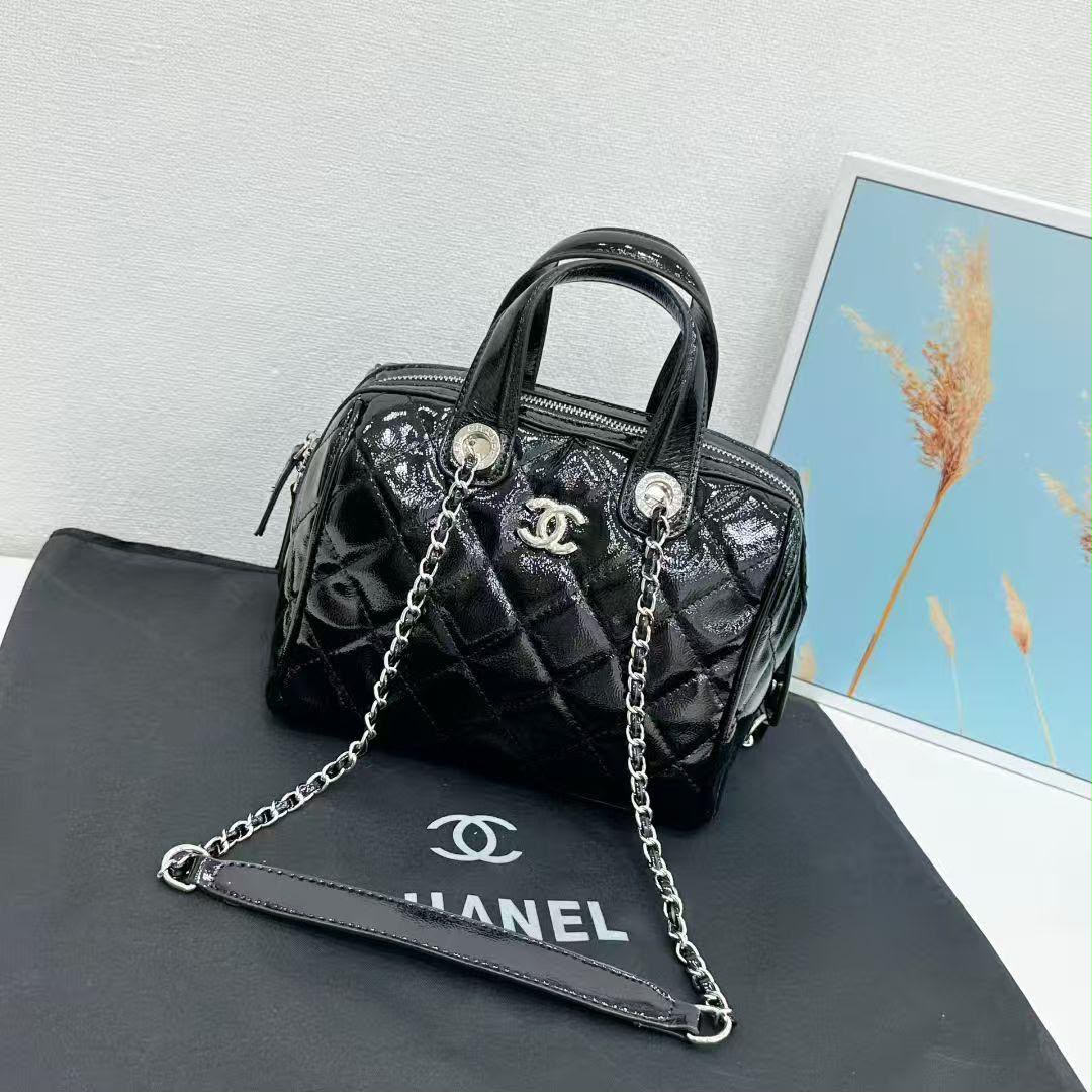 Chanel Quilted Bowling Bag with Chain Strap (Black with Silver Hardware)