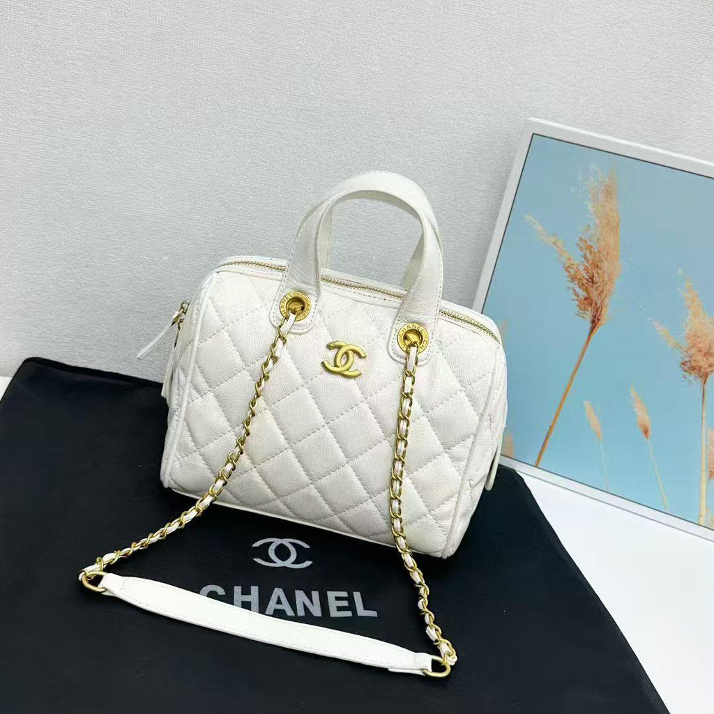 Chanel Quilted Bowling Bag with Chain Strap (White)