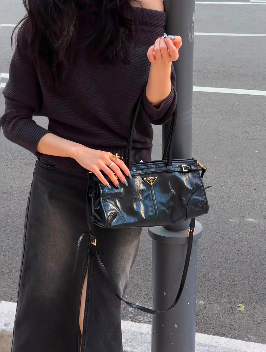 Prada Antique Nappa Leather Shoulder Bag (Black)