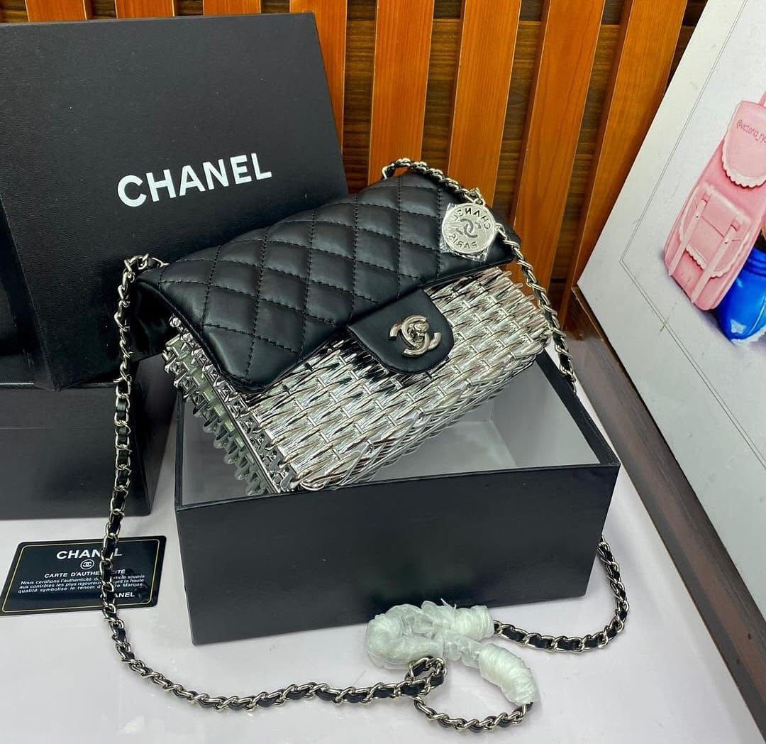 Chanel Wicker and Lambskin Flap Bag (Black & Silver)