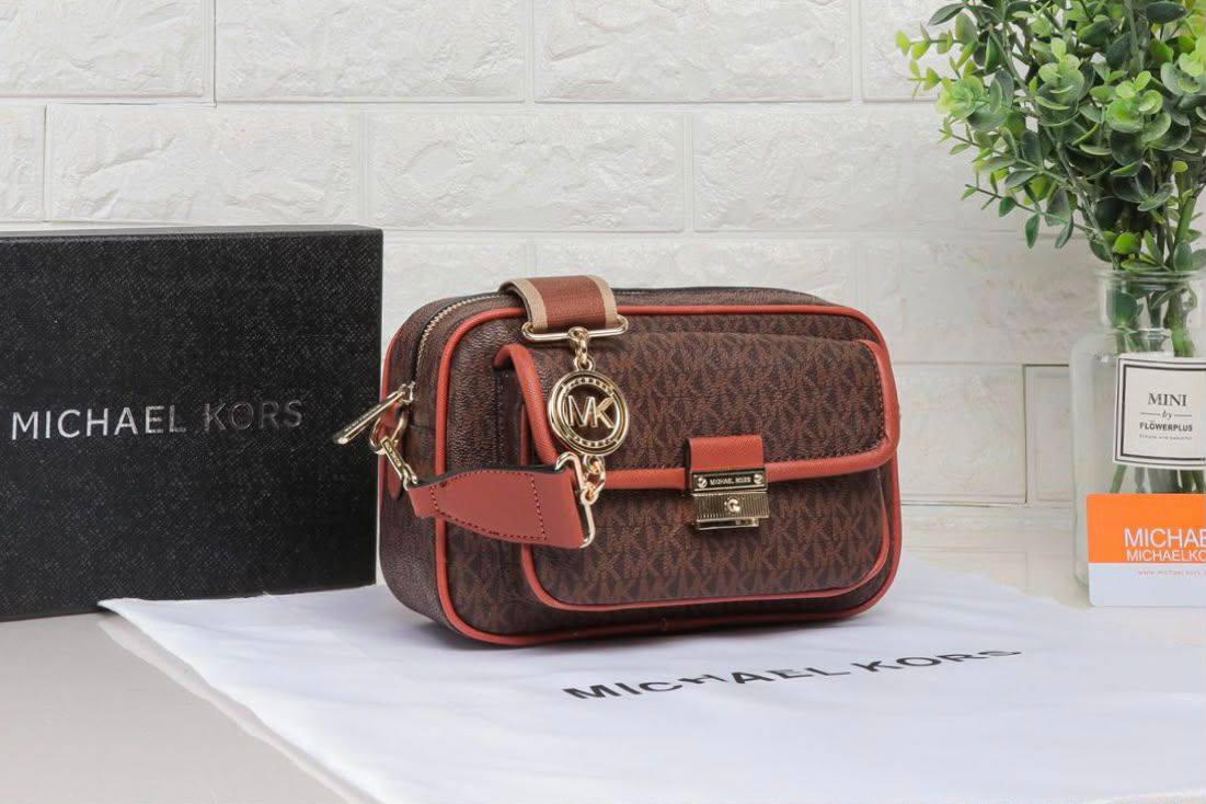 Michael Kors Greenwich Medium Signature Logo Shoulder Bag (Brown / Flame Orange)
