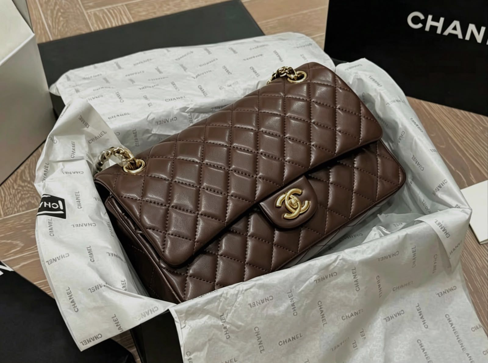 Chanel Lambskin Classic Double Flap Bag (Dark Brown)