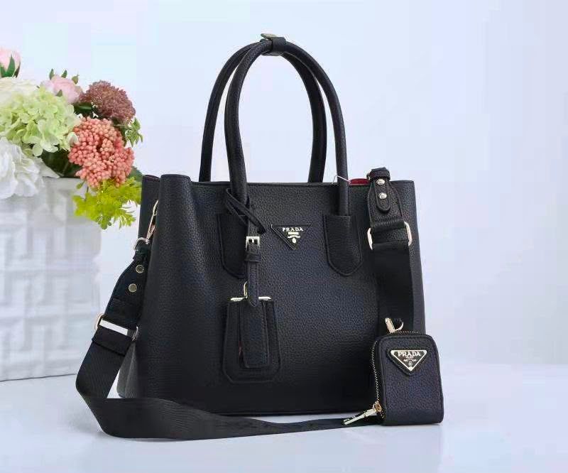 Prada Double Leather Tote Bag with Webbing Strap & Pouch (Black)