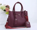 Prada Double Leather Tote Bag with Webbing Strap & Pouch (Burgundy / Plum)