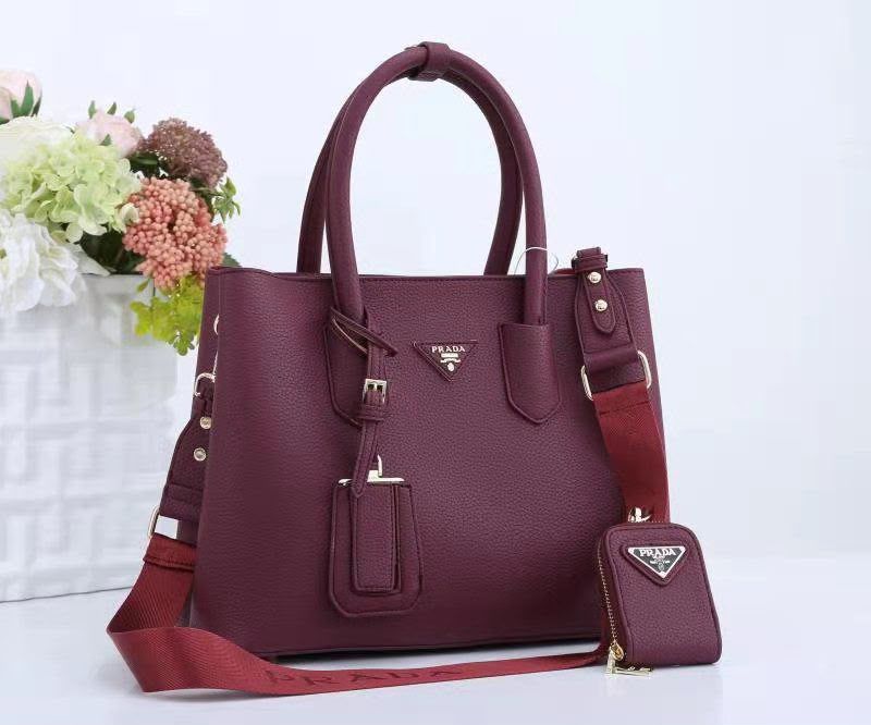 Prada Double Leather Tote Bag with Webbing Strap & Pouch (Burgundy / Plum)