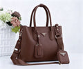Prada Double Leather Tote Bag with Webbing Strap & Pouch (Brown / Chocolate)