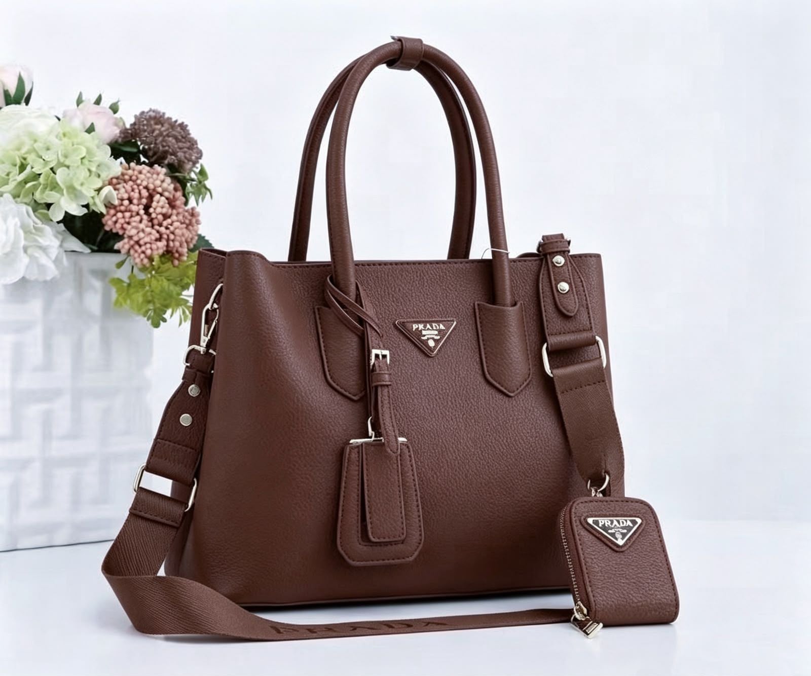 Prada Double Leather Tote Bag with Webbing Strap & Pouch (Brown / Chocolate)